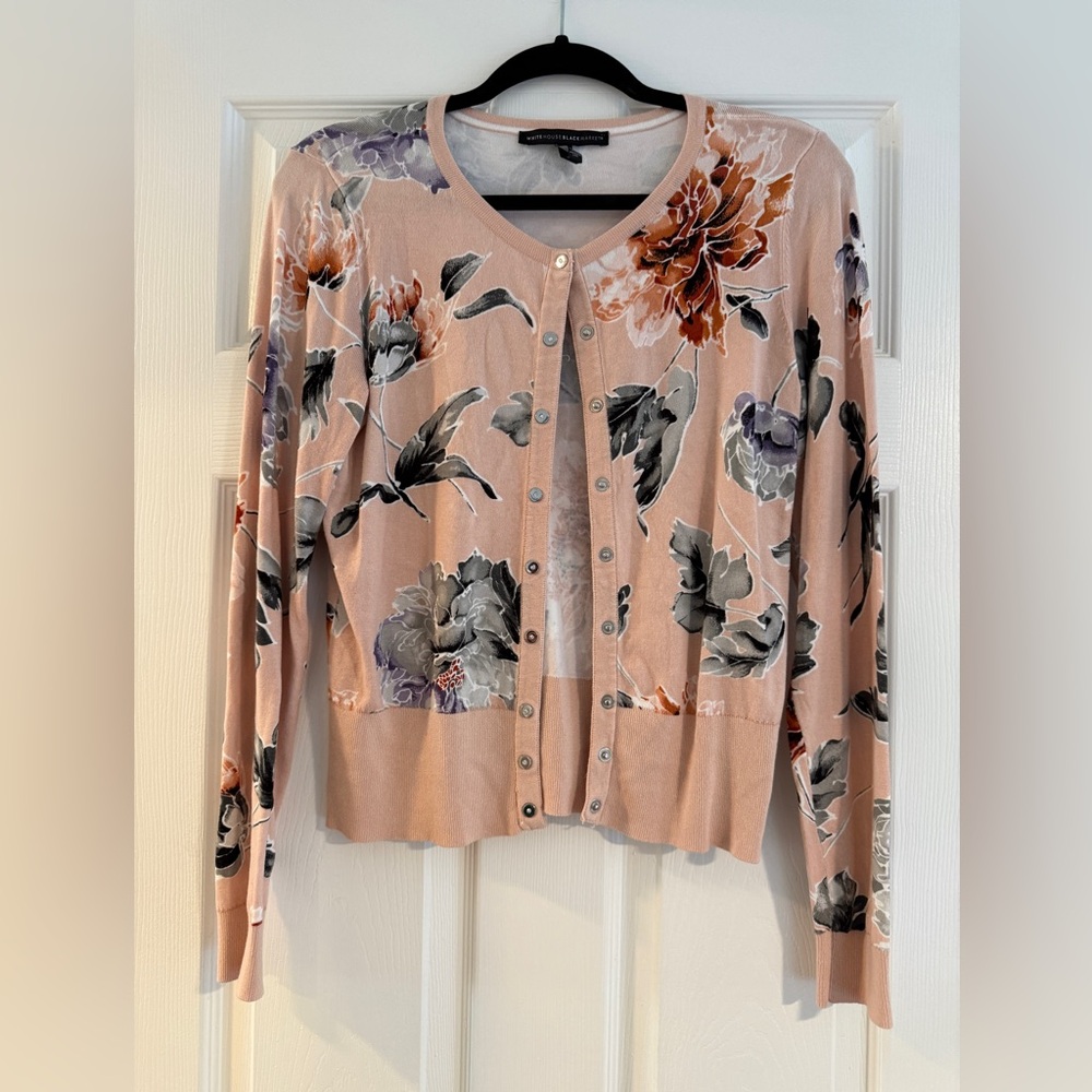 White House Black Market Floral Snap Front Cardigan Pink Grey‎ Mauve Size M